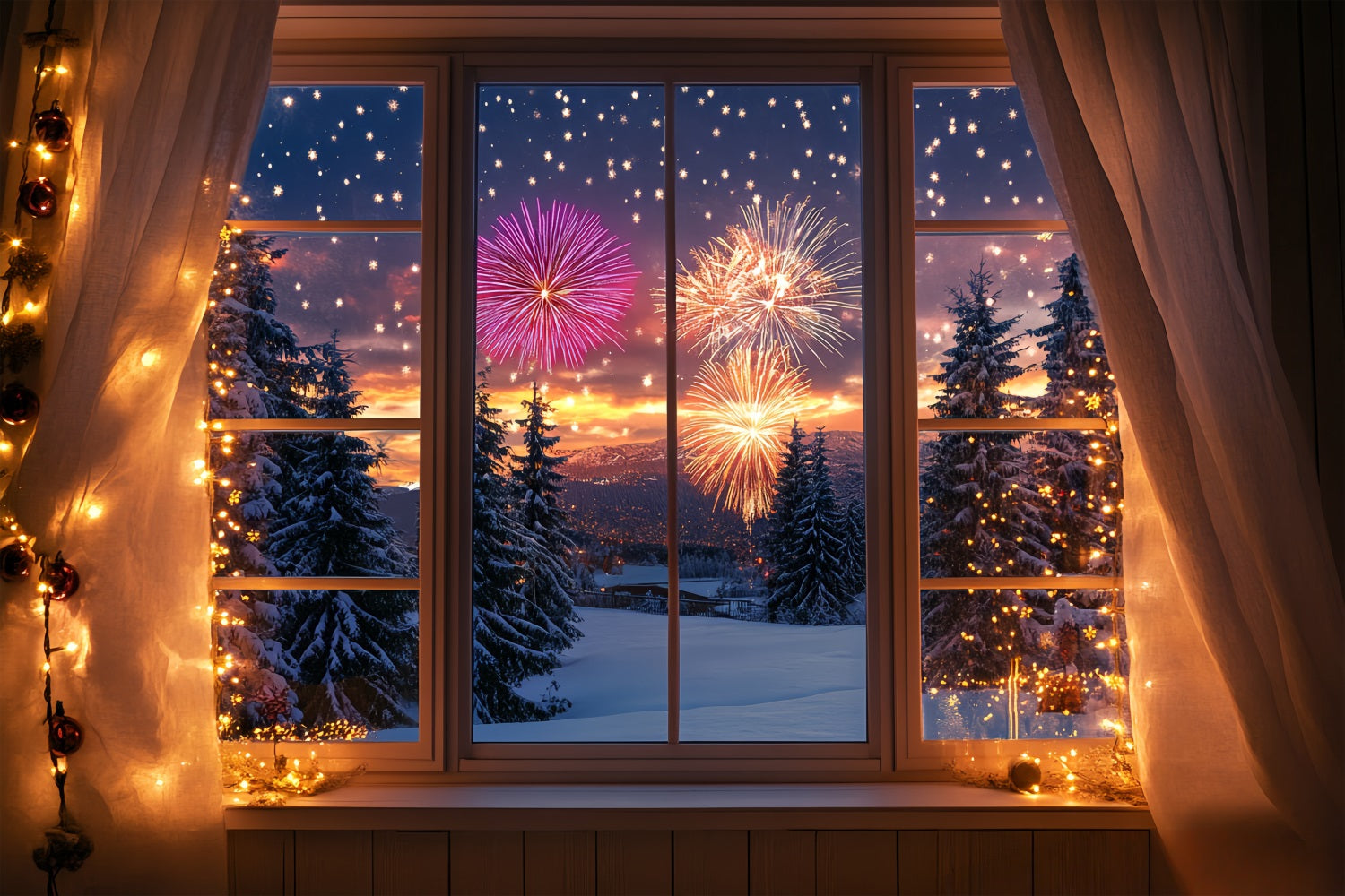 Fond photo pour le Nouvel An Fenêtre enneigée en hiver Forêt Fond feux d'artifice LXX512-13
