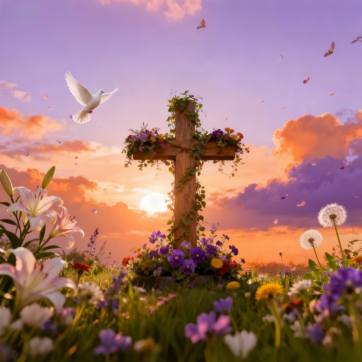 Fond avec croix Résurrection Oiseaux chanteurs Lever du soleil Prairie Fond photo pour église à Pâques LXX512-132