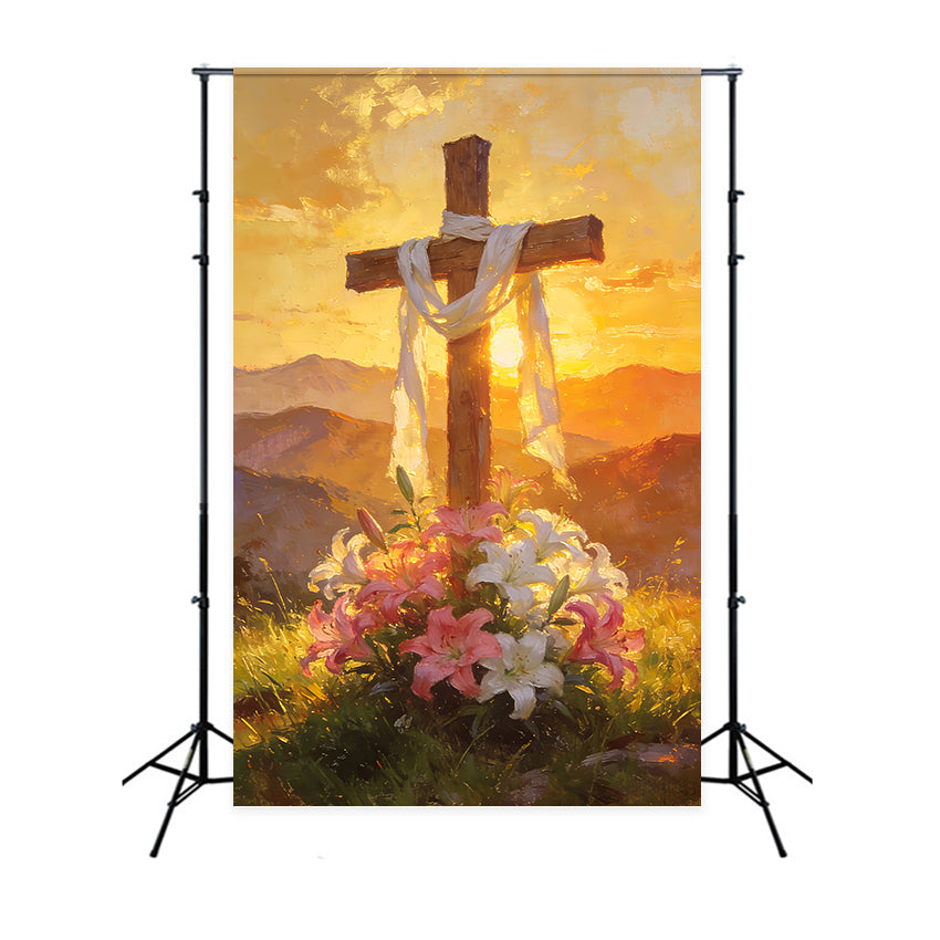 Fonds religieux de Pâques Croix florale dorée Lever du soleil Église Fond de Pâques LXX512-138