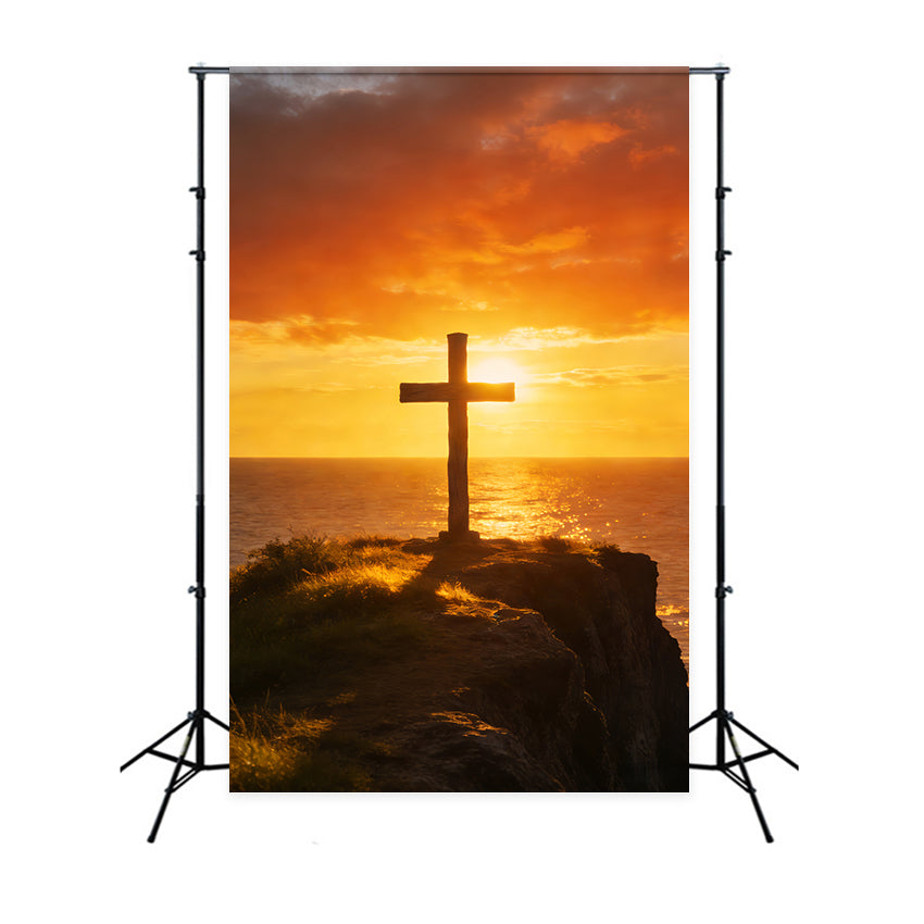 Fond avec croix, horizon océanique, lueur du coucher de soleil, fonds de Pâques pour église LXX512-139