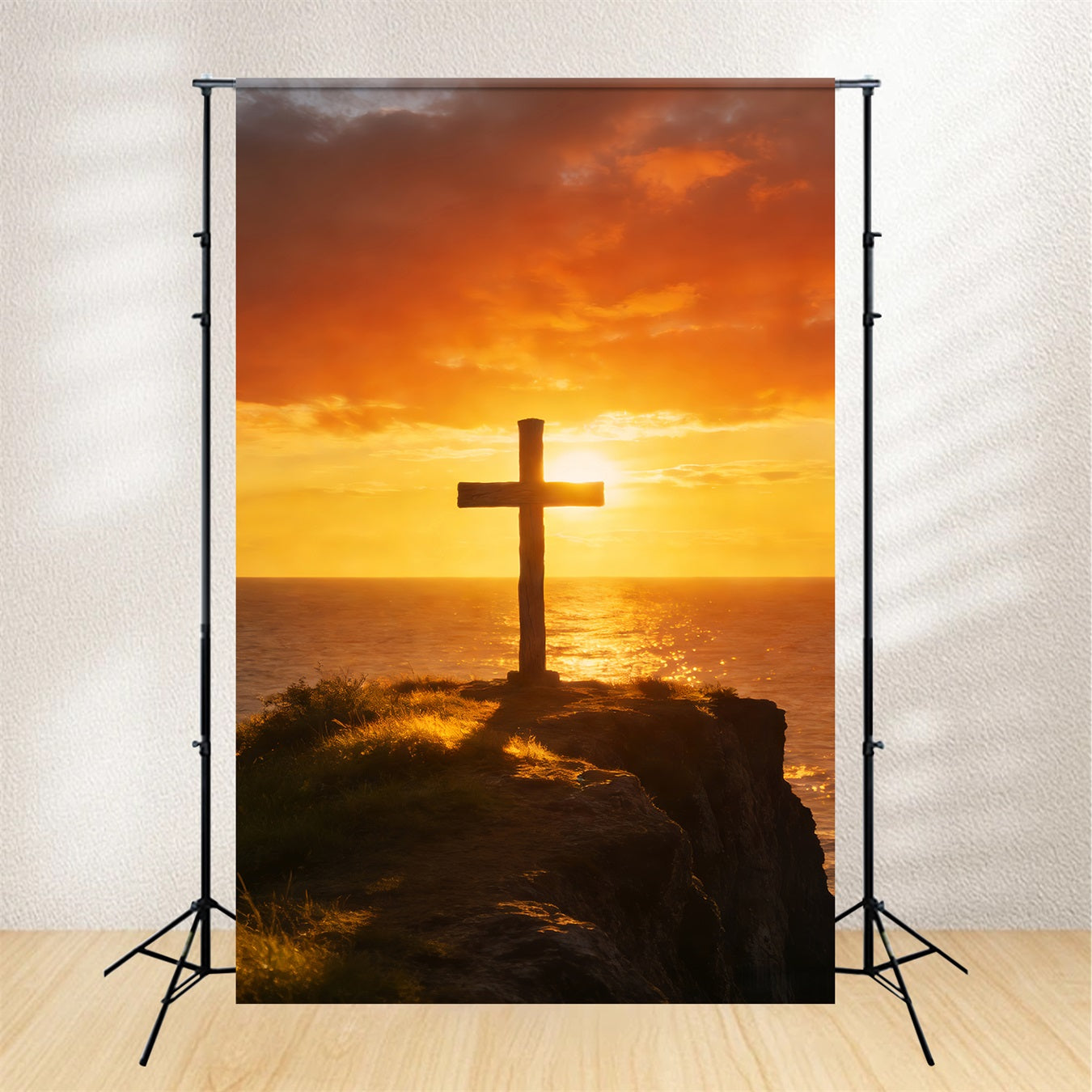Fond avec croix, horizon océanique, lueur du coucher de soleil, fonds de Pâques pour église LXX512-139