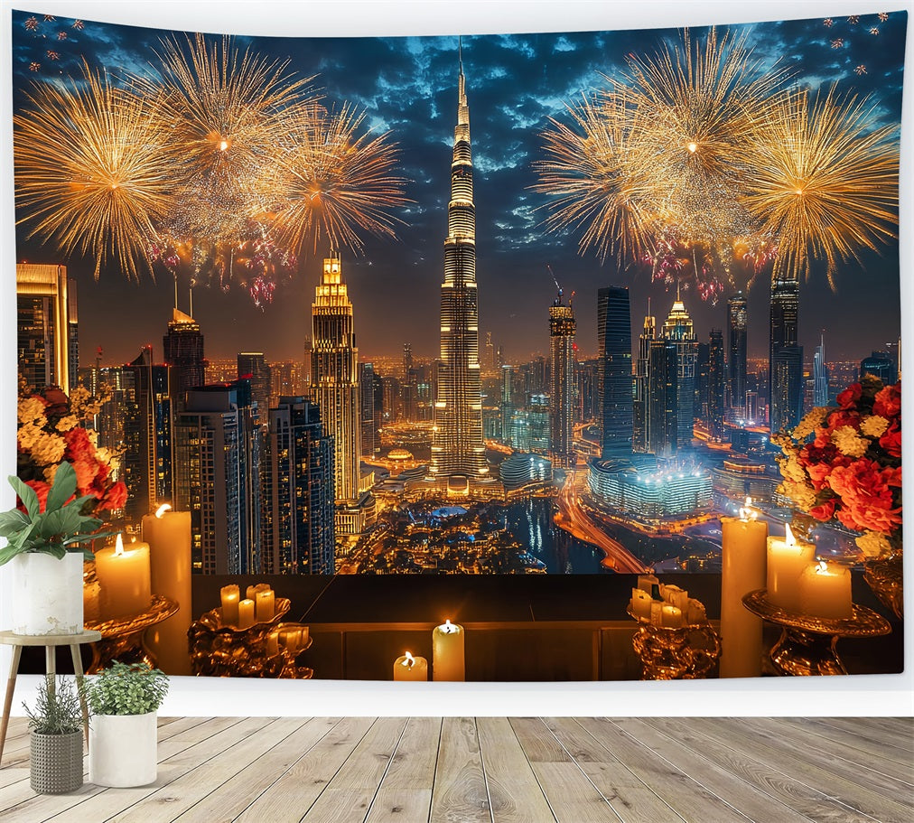 Fond « Bonne année » Luxueux horizon urbain Feux d'artifice Fond urbain nocturne LXX512-14