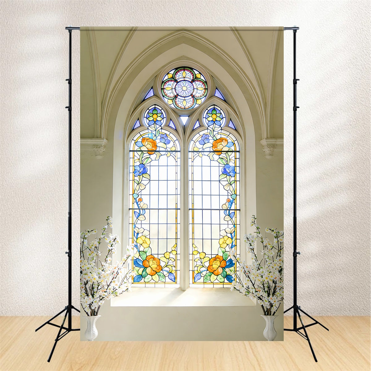 Fond vitrail, cathédrale, marguerites, fenêtre en arc, fond de Pâques pour église LXX512-141