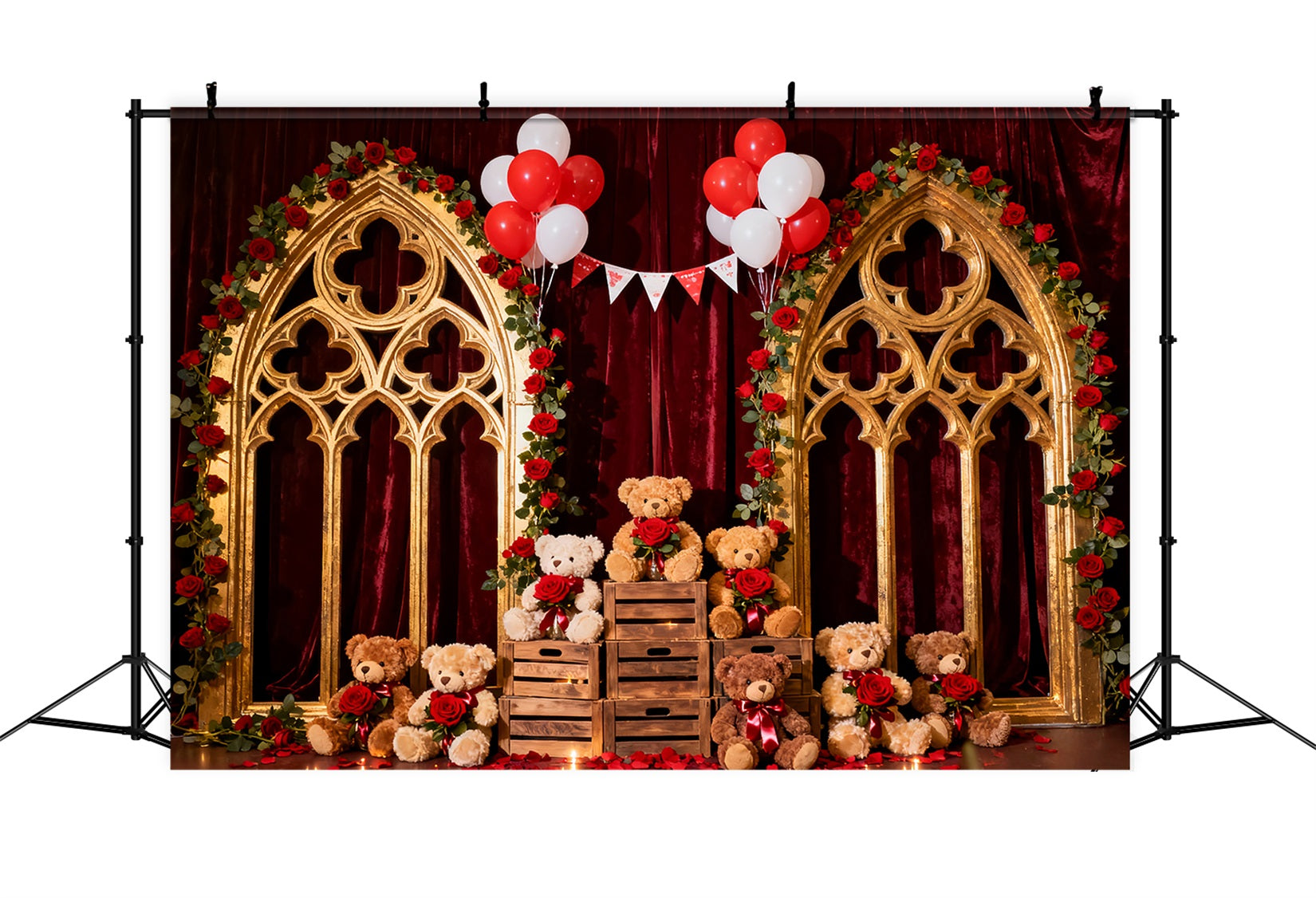 Toile de fond romantique Ballon rose cramoisi Arche florale Teddy Toile de fond Saint-Valentin LXX512-142
