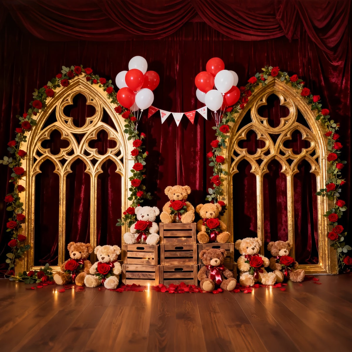 Toile de fond romantique Ballon rose cramoisi Arche florale Teddy Toile de fond Saint-Valentin LXX512-142