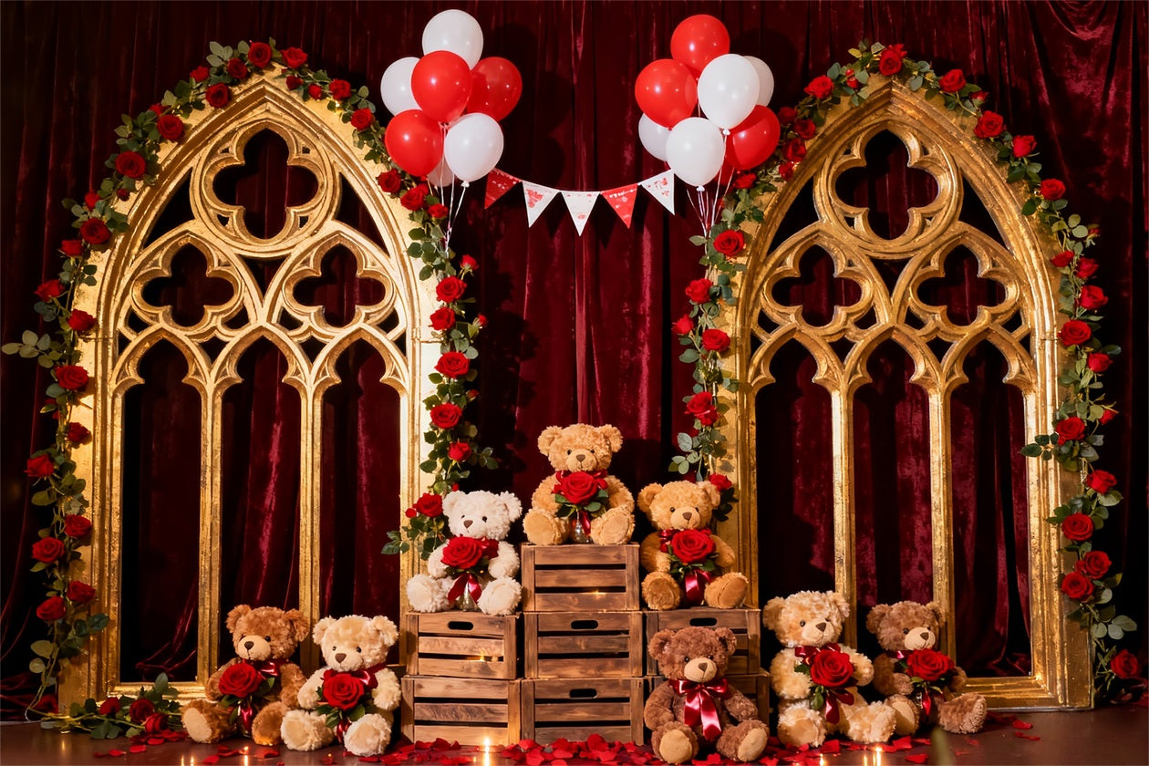 Toile de fond romantique Ballon rose cramoisi Arche florale Teddy Toile de fond Saint-Valentin LXX512-142