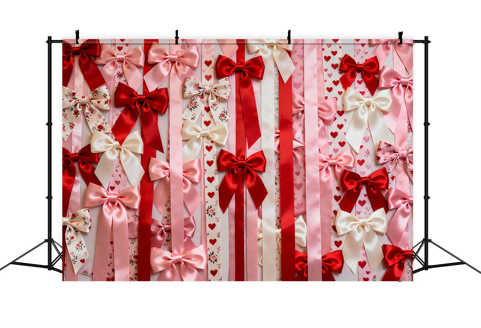 Fond de scène rose Saint-Valentin Nœud en satin Motif cœur Fond de scène romantique LXX512-153