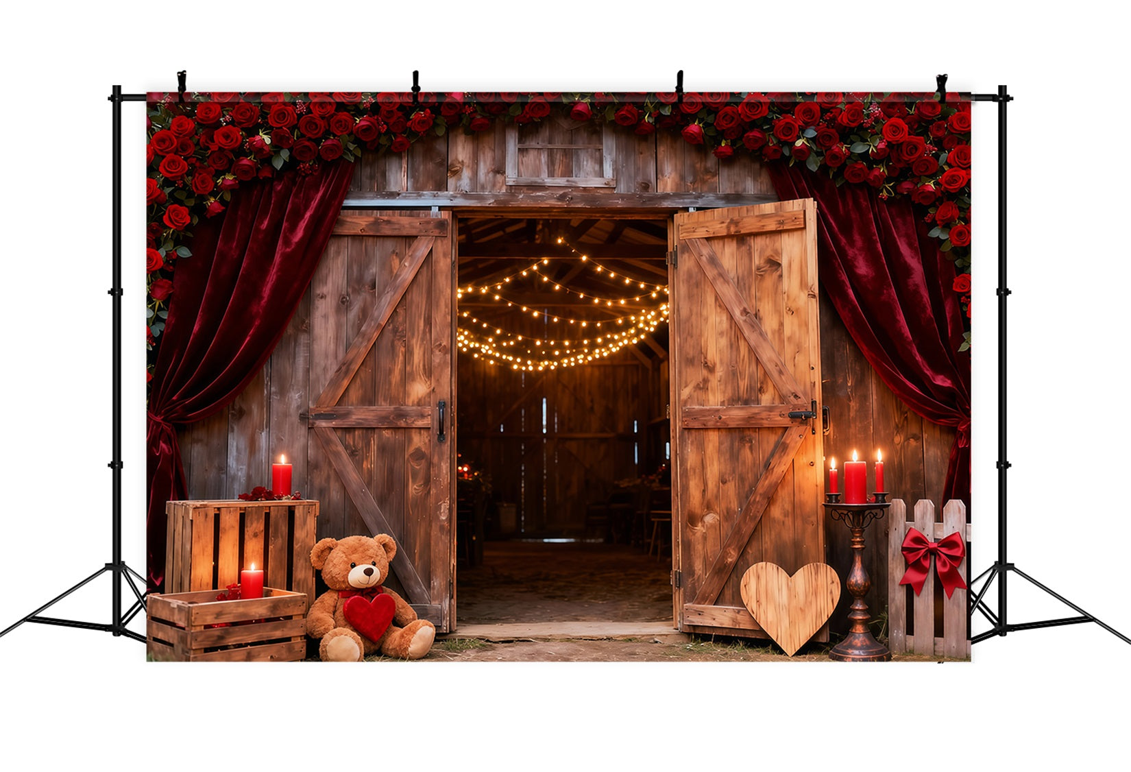 Fond de scène Saint-Valentin arche florale Portes de grange rustiques Roses Fond de scène Glow Love LXX512-154