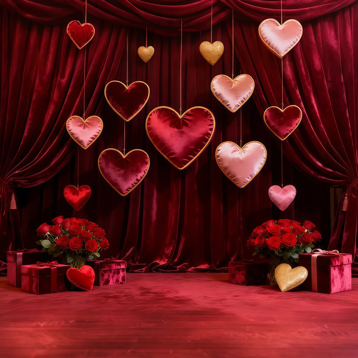 Fond photo Saint-Valentin Cœurs suspendus en velours Fond rose rouge LXX512-161