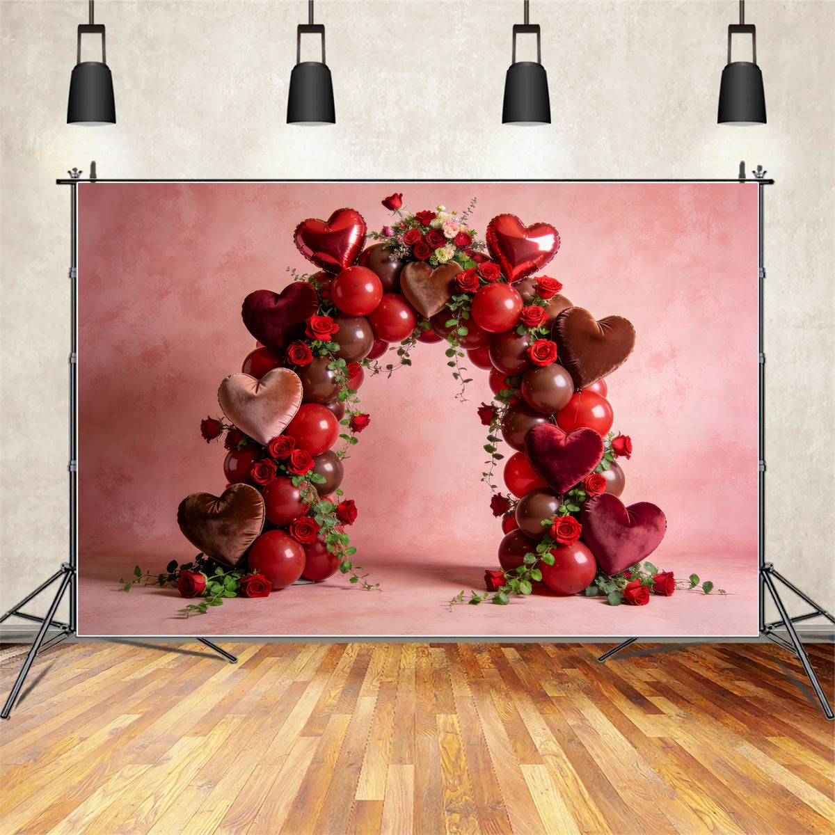 Fonds d'amour Ballons en forme de cœur rose Élégance Arche florale Fond Saint-Valentin LXX512-162