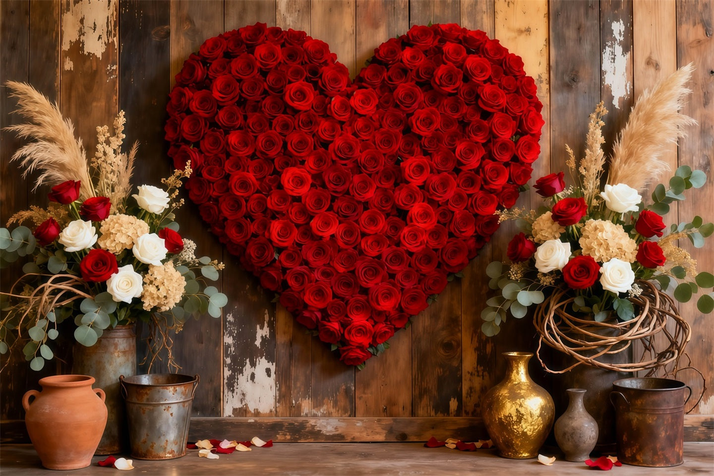 Décor avec fleurs en forme de cœur, porte en bois, roses rouges, décor pour la Saint-Valentin LXX512-165