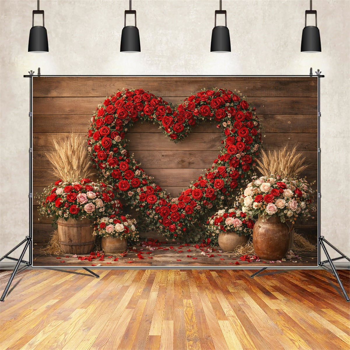 Fond pour la Saint-Valentin Mur rustique avec cœur en roses Fond avec fleurs en forme de cœur LXX512-166