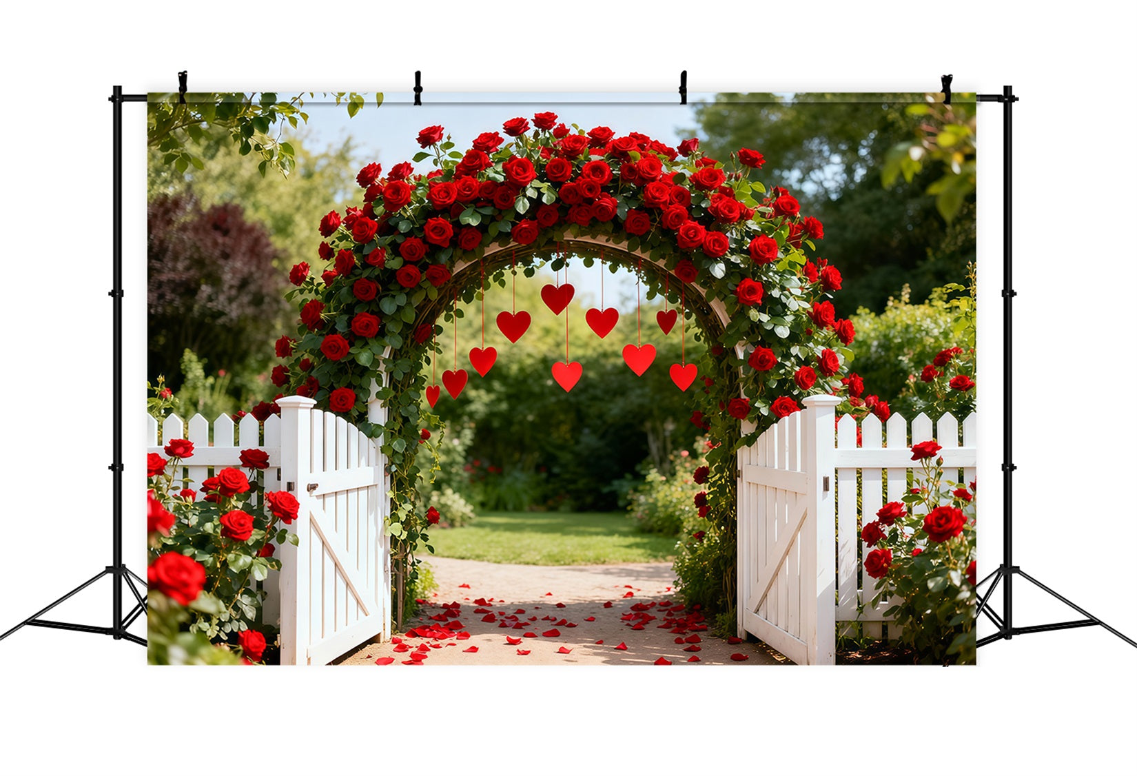 Arche florale pour la Saint-Valentin Toile de fond Jardin de roses Arche en forme de cœur Toiles de fond pour l'amour LXX512-169