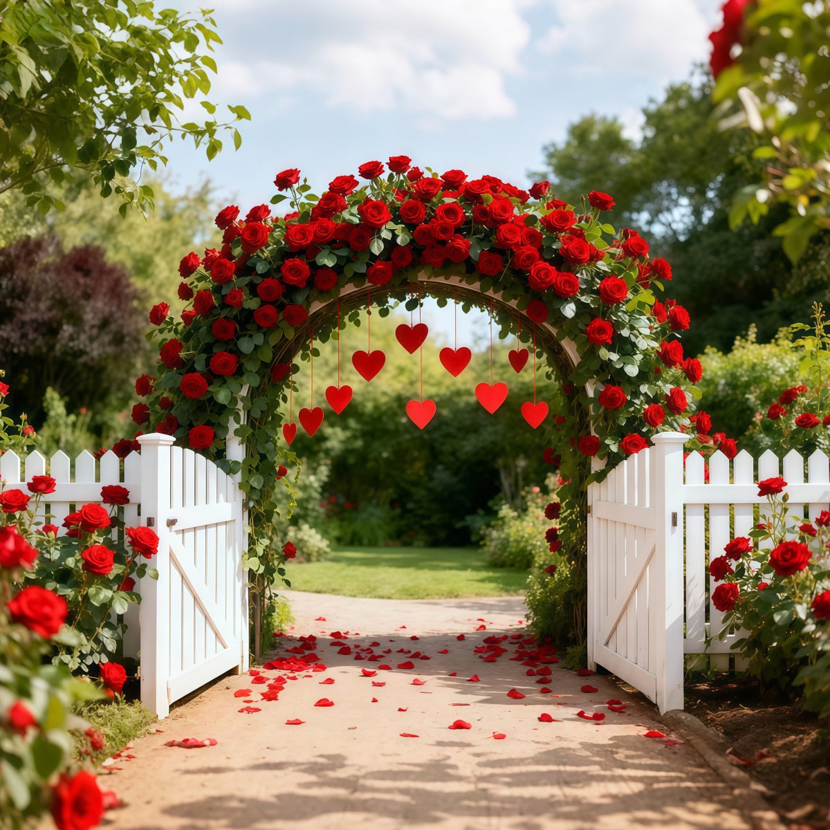 Arche florale pour la Saint-Valentin Toile de fond Jardin de roses Arche en forme de cœur Toiles de fond pour l'amour LXX512-169