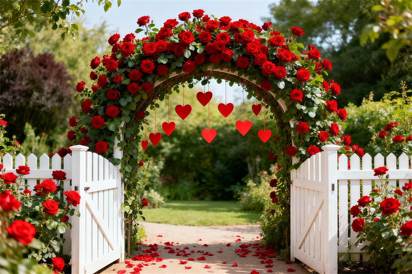 Arche florale pour la Saint-Valentin Toile de fond Jardin de roses Arche en forme de cœur Toiles de fond pour l'amour LXX512-169
