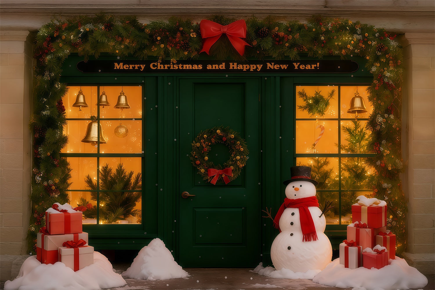 Toiles de fond pour le Nouvel An Boutique de Noël enneigée Toile de fond « Bonne année 2026 » LXX512-17