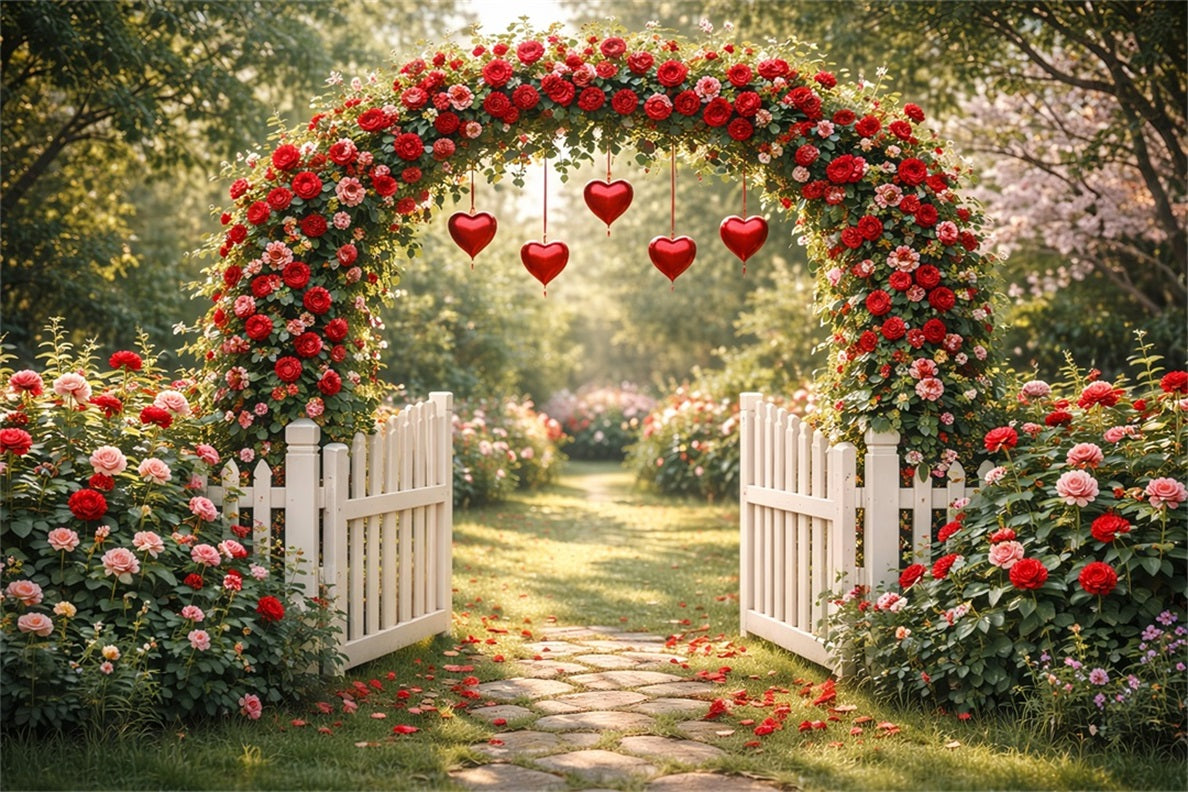 Toile de fond romantique Jardin de roses Porte en forme de cœur Arche florale Toile de fond pour la Saint-Valentin LXX512-170