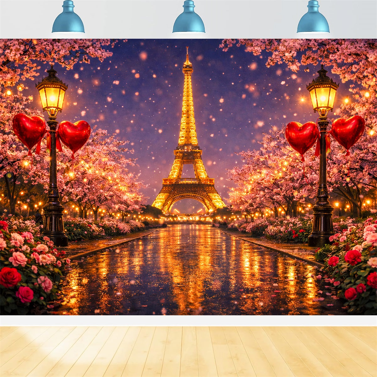 Toile de fond scintillante pour la Saint-Valentin Paris Tour Eiffel Nuit d'amour Toile de fond en forme de cœur LXX512-171