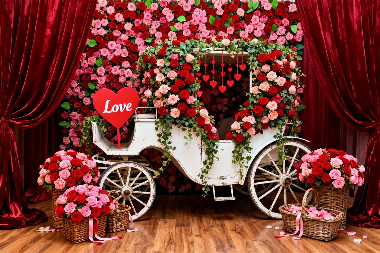 Fond avec roses rouges Fond romantique avec calèche fleurie pour la Saint-Valentin LXX512-173