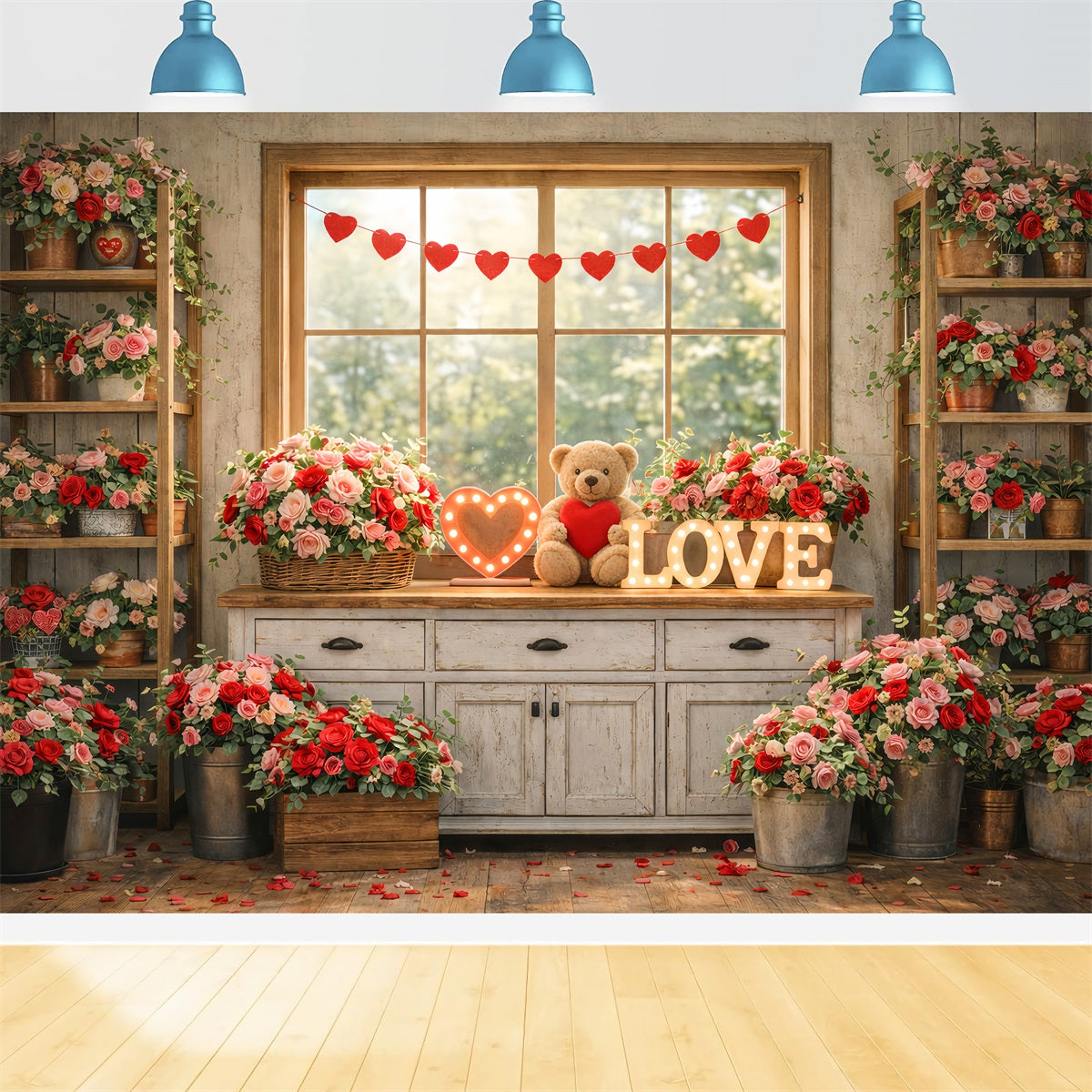 Fond photo pour la Saint-Valentin Fenêtre confortable Enseignes néon en forme de cœur Fond romantique LXX512-175