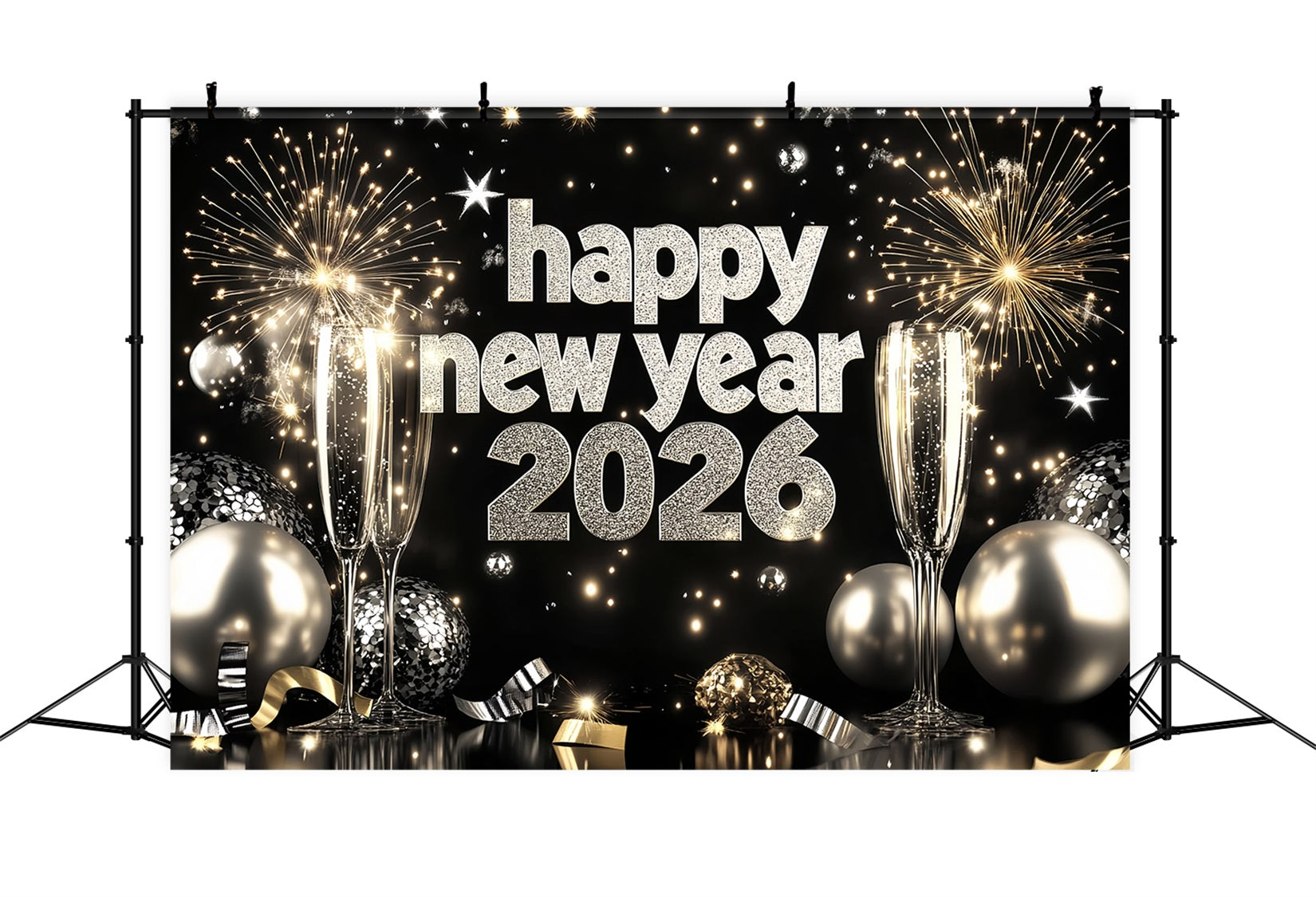 Toile de fond pour le Nouvel An 2026 Champagne argenté Feux d'artifice Toile de fond « Bonne année » LXX512-19