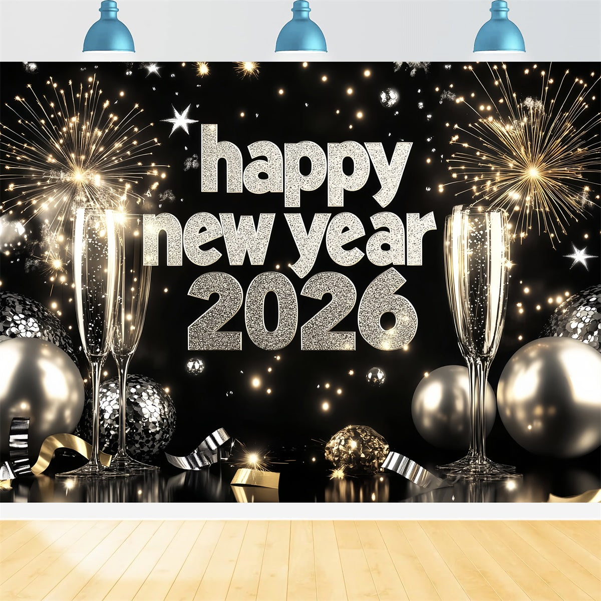 Toile de fond pour le Nouvel An 2026 Champagne argenté Feux d'artifice Toile de fond « Bonne année » LXX512-19