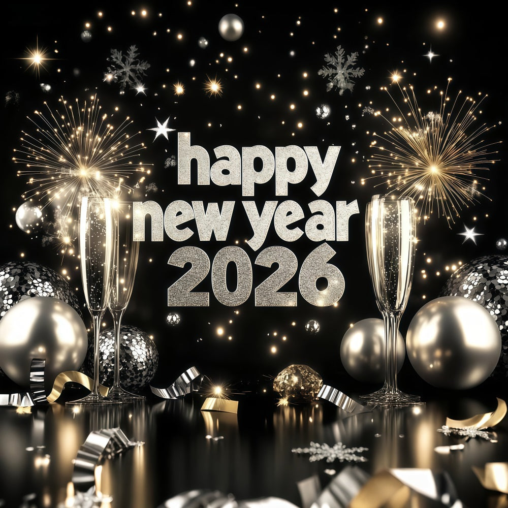 Toile de fond pour le Nouvel An 2026 Champagne argenté Feux d'artifice Toile de fond « Bonne année » LXX512-19