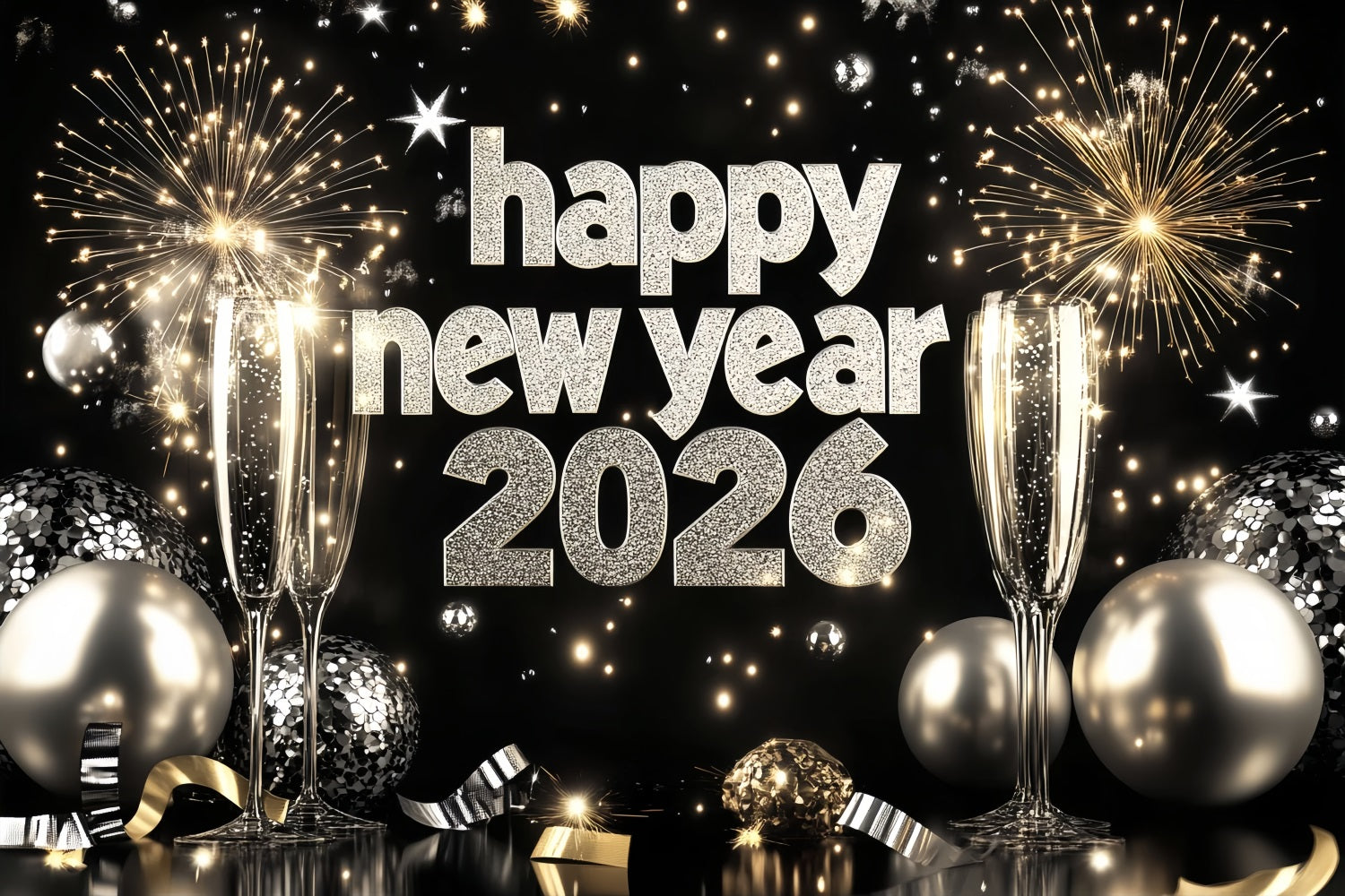 Toile de fond pour le Nouvel An 2026 Champagne argenté Feux d'artifice Toile de fond « Bonne année » LXX512-19