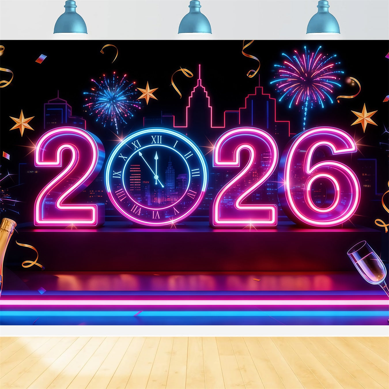 Fond pour le Nouvel An 2026 néons compte à rebours ville réveillon du Nouvel An LXX512-21