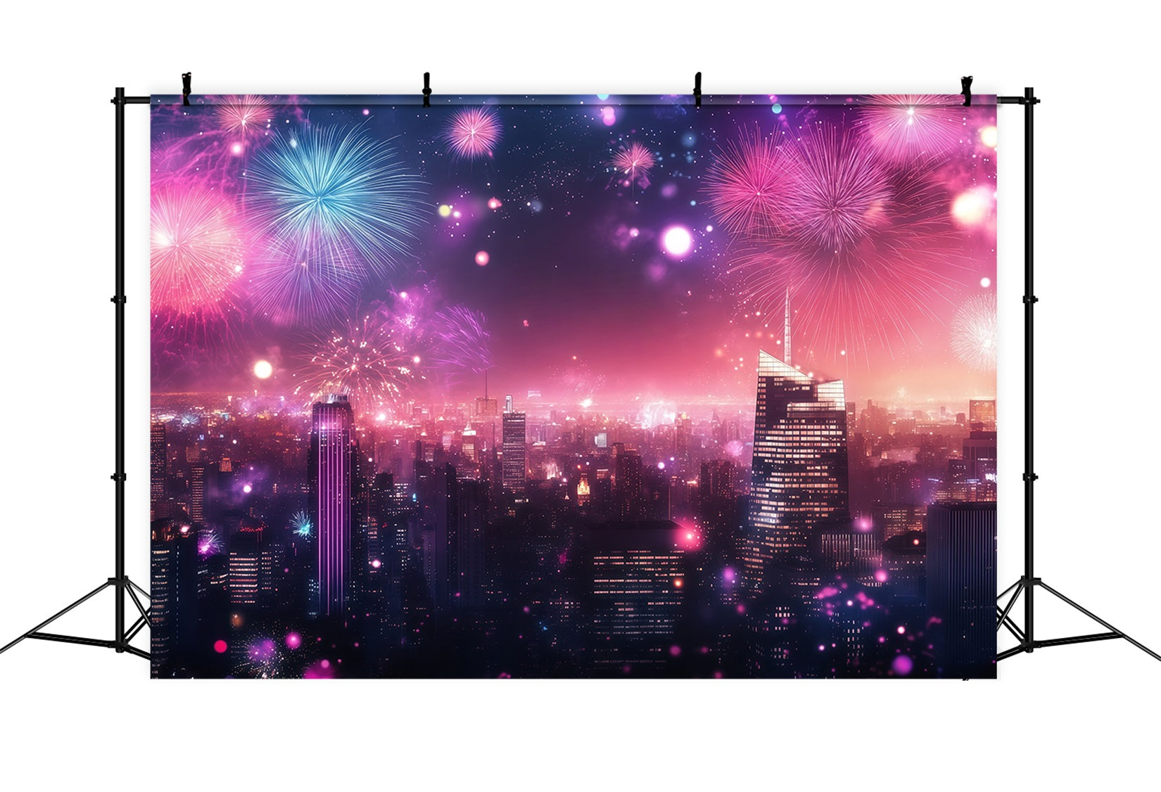 Toiles de fond pour le Nouvel An Feux d'artifice roses Lumières de la ville Toile de fond pour photos de paysage urbain LXX512-25