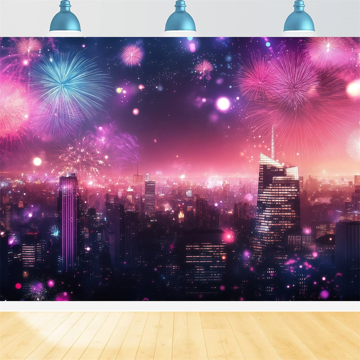 Toiles de fond pour le Nouvel An Feux d'artifice roses Lumières de la ville Toile de fond pour photos de paysage urbain LXX512-25