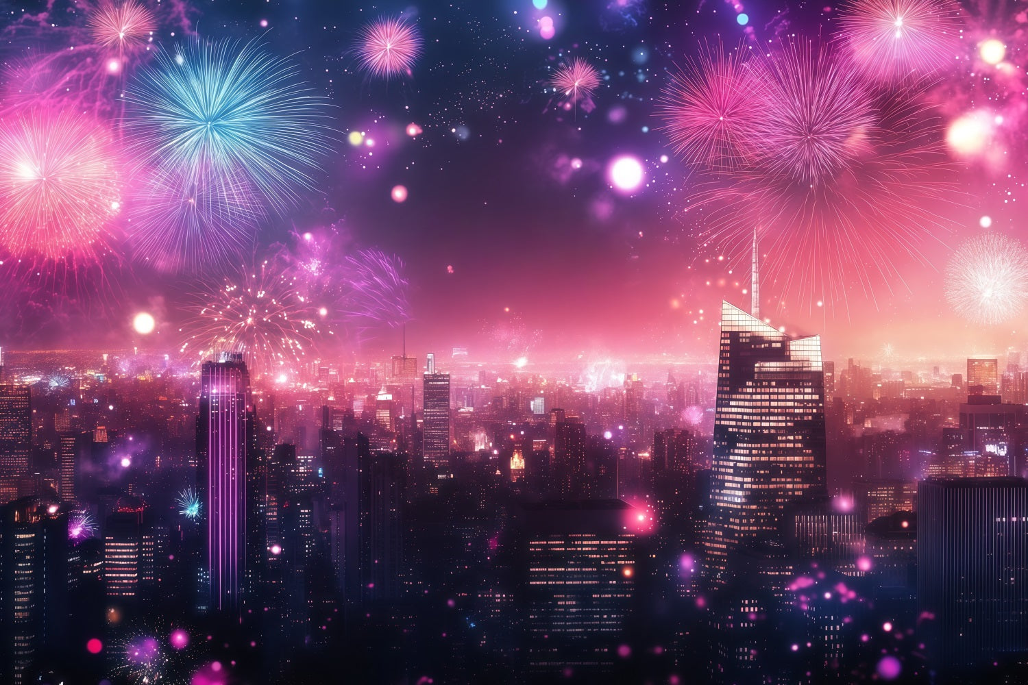 Toiles de fond pour le Nouvel An Feux d'artifice roses Lumières de la ville Toile de fond pour photos de paysage urbain LXX512-25