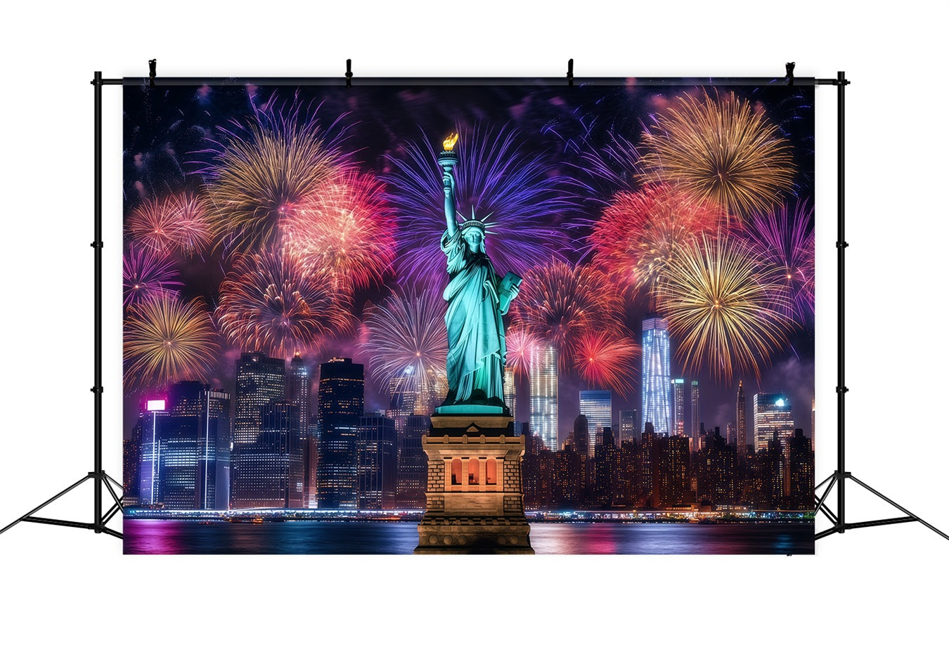 Fond pour la nouvelle année Statue de la Liberté Paysage urbain nocturne Feux d'artifice Fond LXX512-4