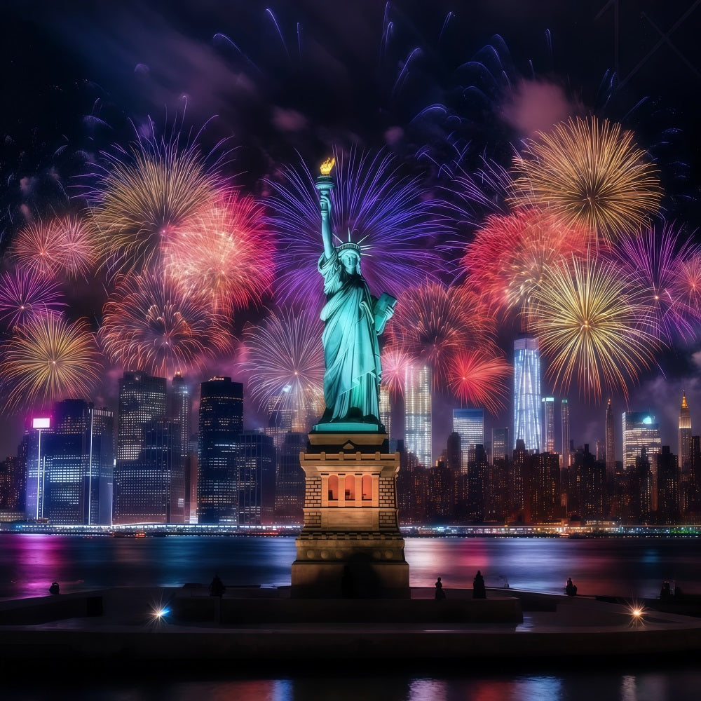 Fond pour la nouvelle année Statue de la Liberté Paysage urbain nocturne Feux d'artifice Fond LXX512-4