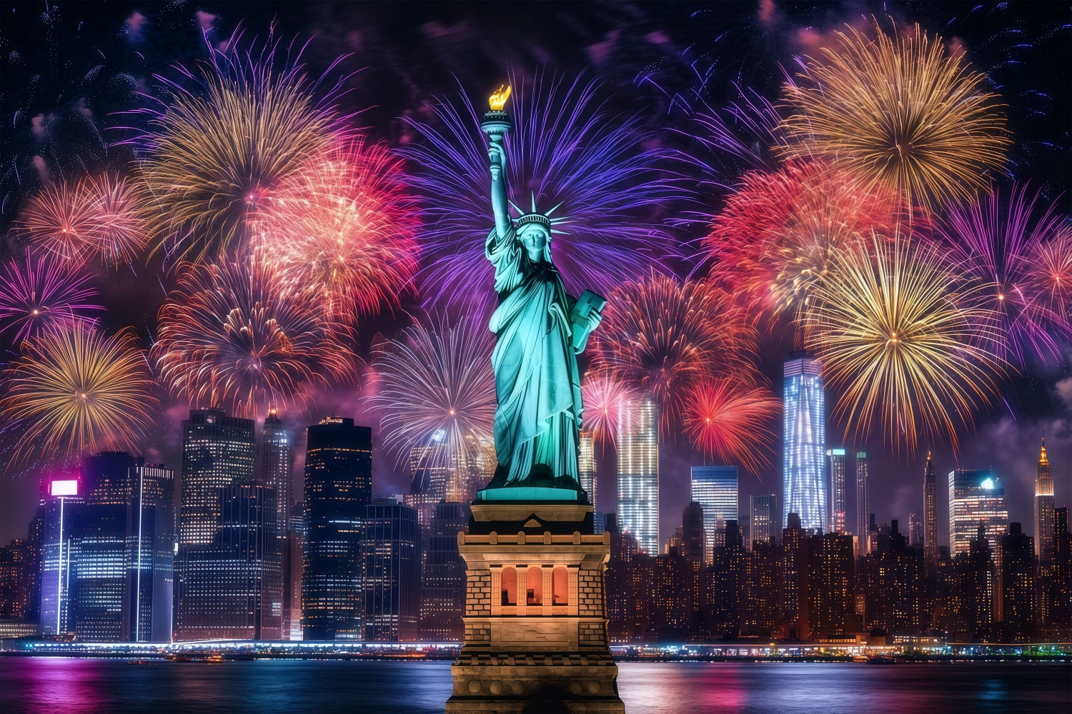Fond pour la nouvelle année Statue de la Liberté Paysage urbain nocturne Feux d'artifice Fond LXX512-4