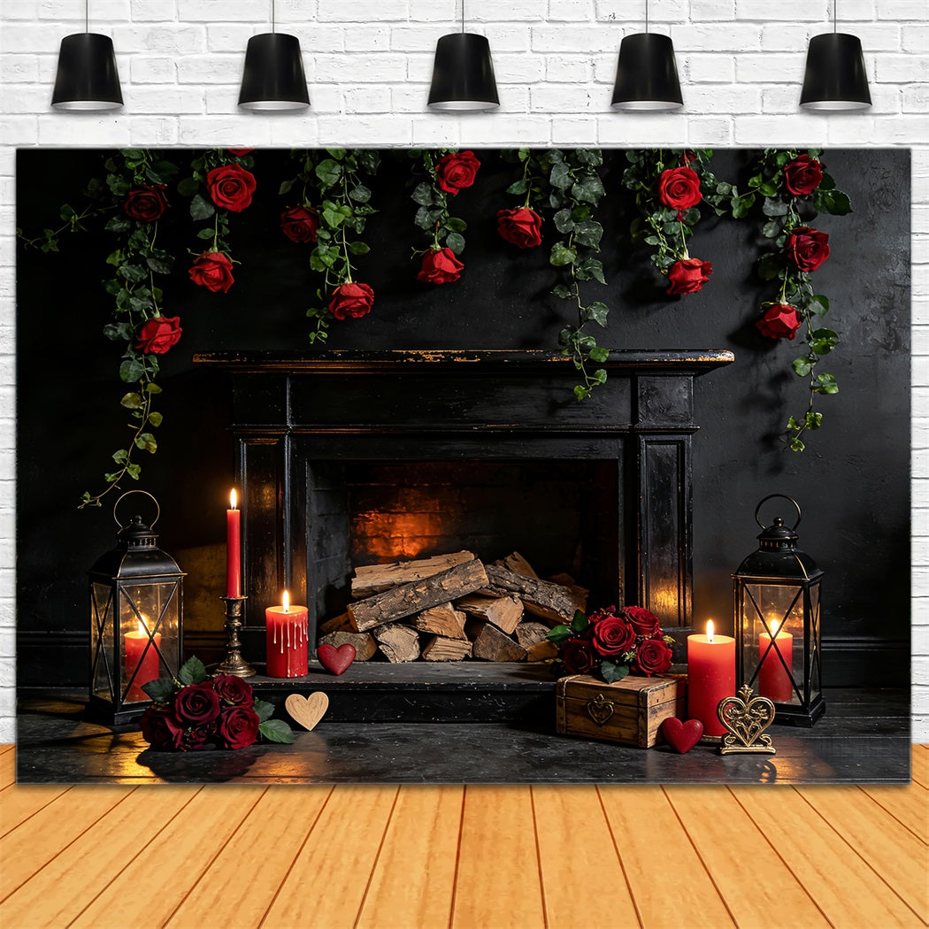 Toile de fond pour la Saint-Valentin Roses rouges Bougies Cheminée Toile de fond pour la Saint-Valentin LXX512-48