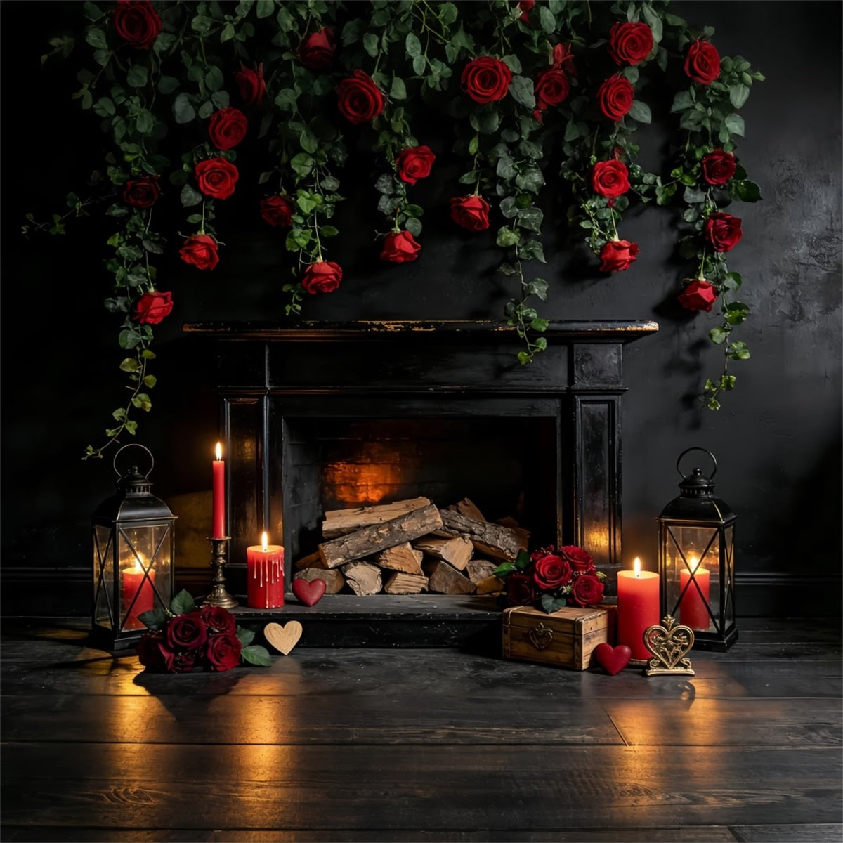 Toile de fond pour la Saint-Valentin Roses rouges Bougies Cheminée Toile de fond pour la Saint-Valentin LXX512-48