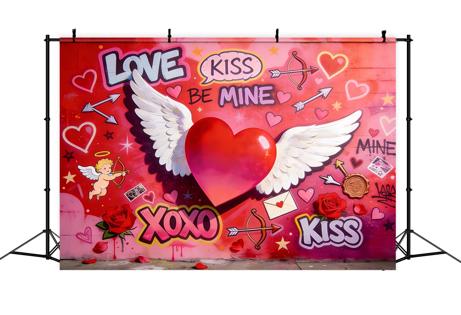 Fond avec Cupidon Amour XOXO Cœur ailé Mur graffiti Fond pour la Saint-Valentin LXX512-50