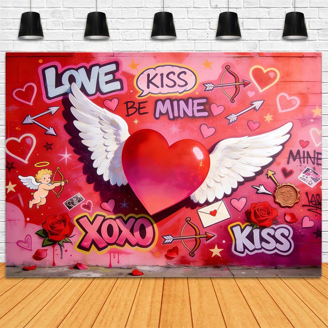 Fond avec Cupidon Amour XOXO Cœur ailé Mur graffiti Fond pour la Saint-Valentin LXX512-50