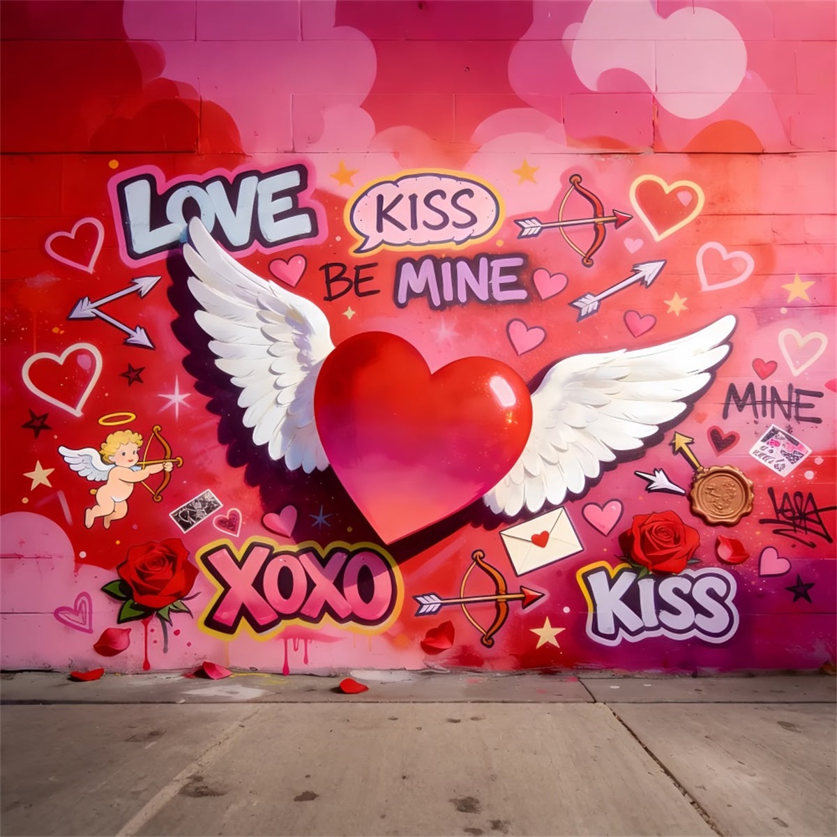 Fond avec Cupidon Amour XOXO Cœur ailé Mur graffiti Fond pour la Saint-Valentin LXX512-50