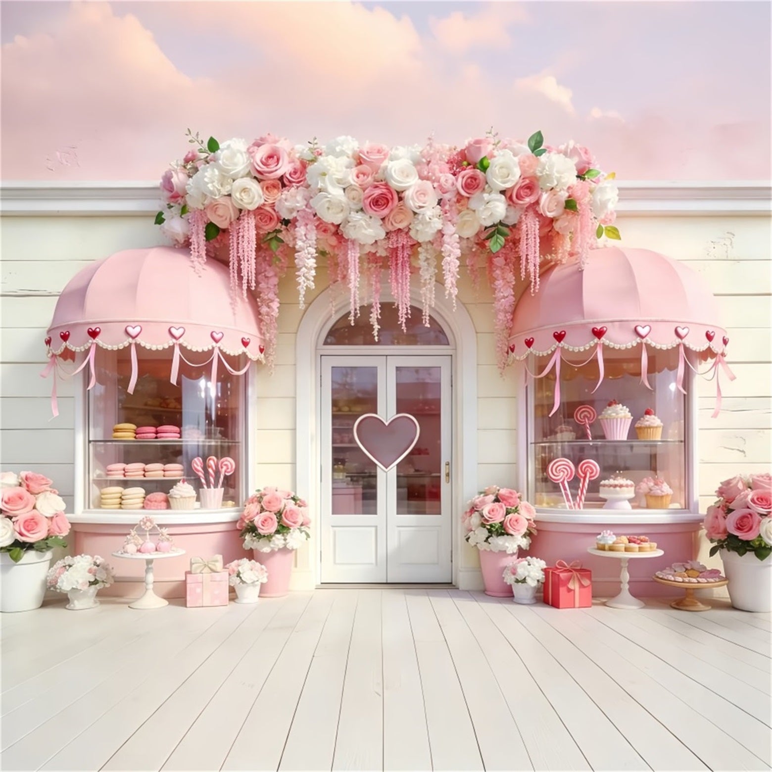 Fond pour la Saint-Valentin avec confiserie Arches fleuries Cœur rose Fond pour la Saint-Valentin LXX512-52