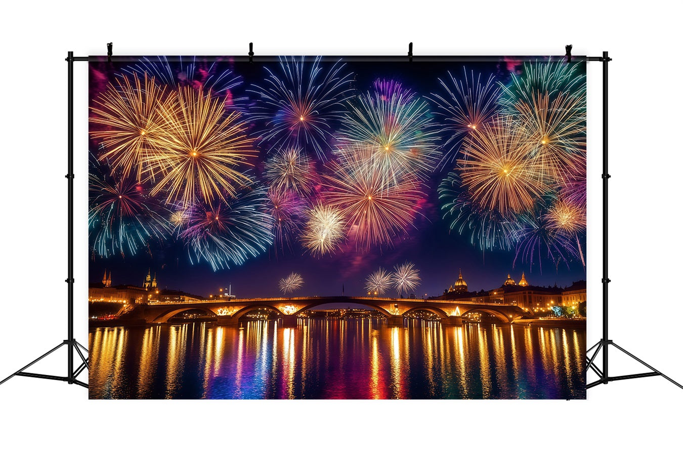 Fonds pour le Nouvel An ville de nuit reflet sur la rivière feux d'artifice fond photo LXX512-6
