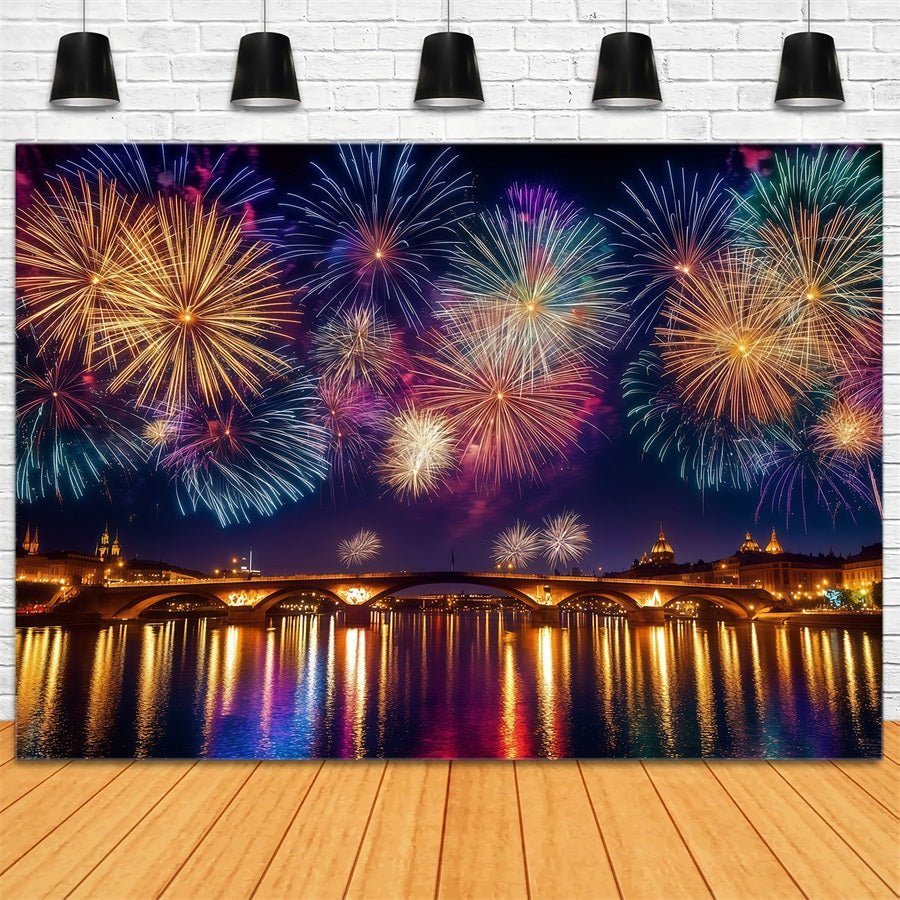 Fonds pour le Nouvel An ville de nuit reflet sur la rivière feux d'artifice fond photo LXX512-6