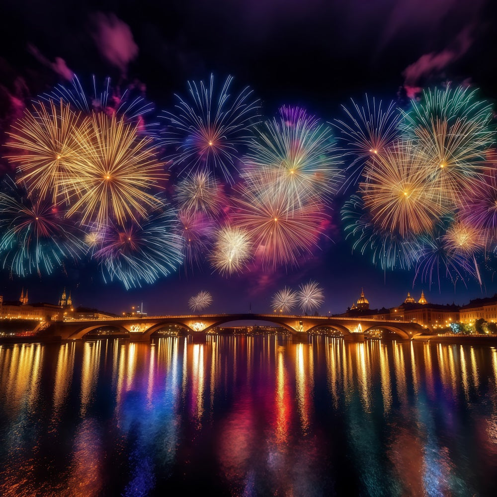 Fonds pour le Nouvel An ville de nuit reflet sur la rivière feux d'artifice fond photo LXX512-6