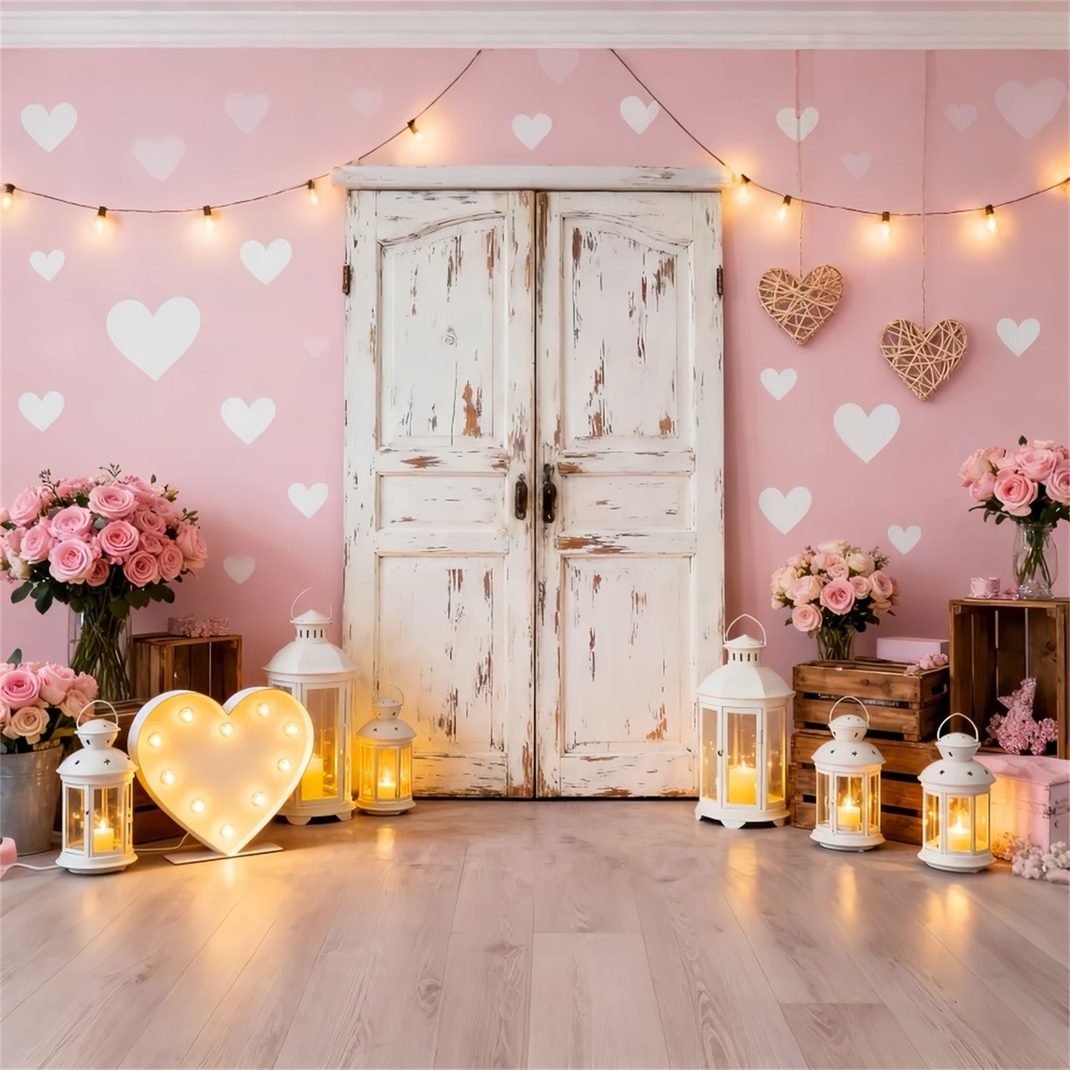 Fond rose Saint-Valentin Porte rustique Roses Lanterne Cœur LXX512-64