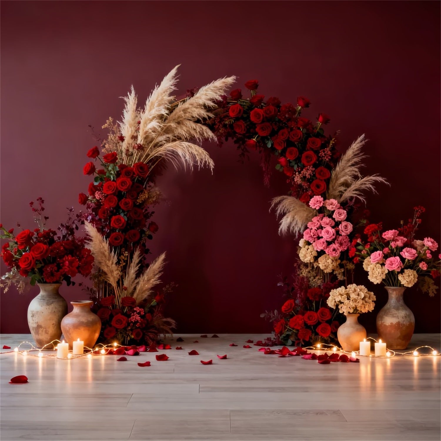 Fond floral bohème pour la Saint-Valentin Pièce romantique éclairée à la bougie Fond avec roses rouges LXX512-69