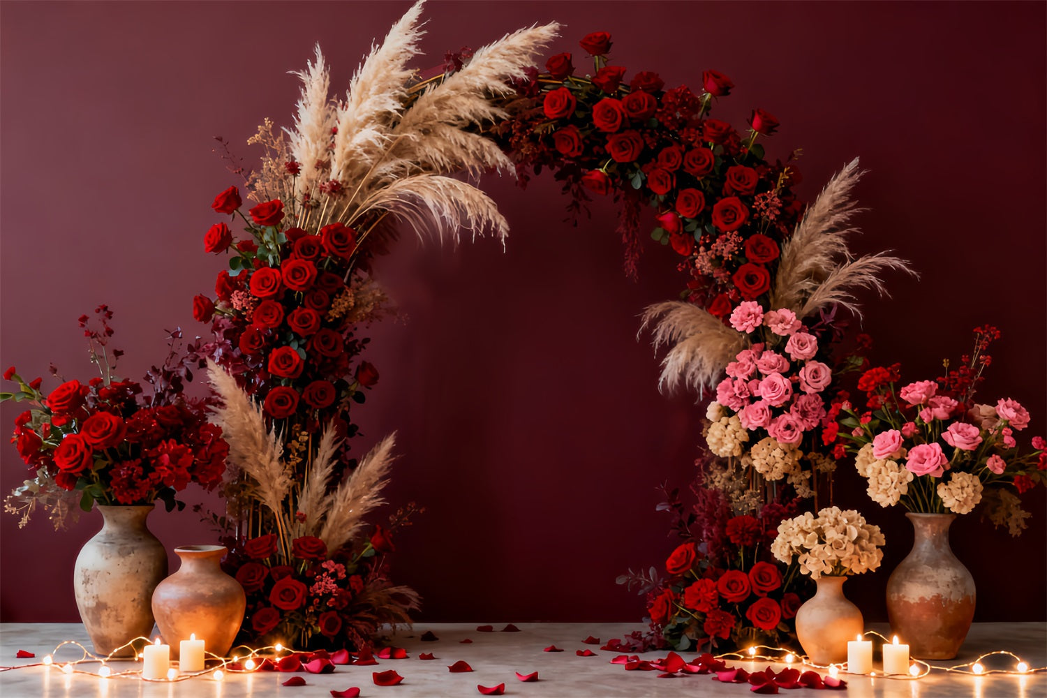 Fond floral bohème pour la Saint-Valentin Pièce romantique éclairée à la bougie Fond avec roses rouges LXX512-69
