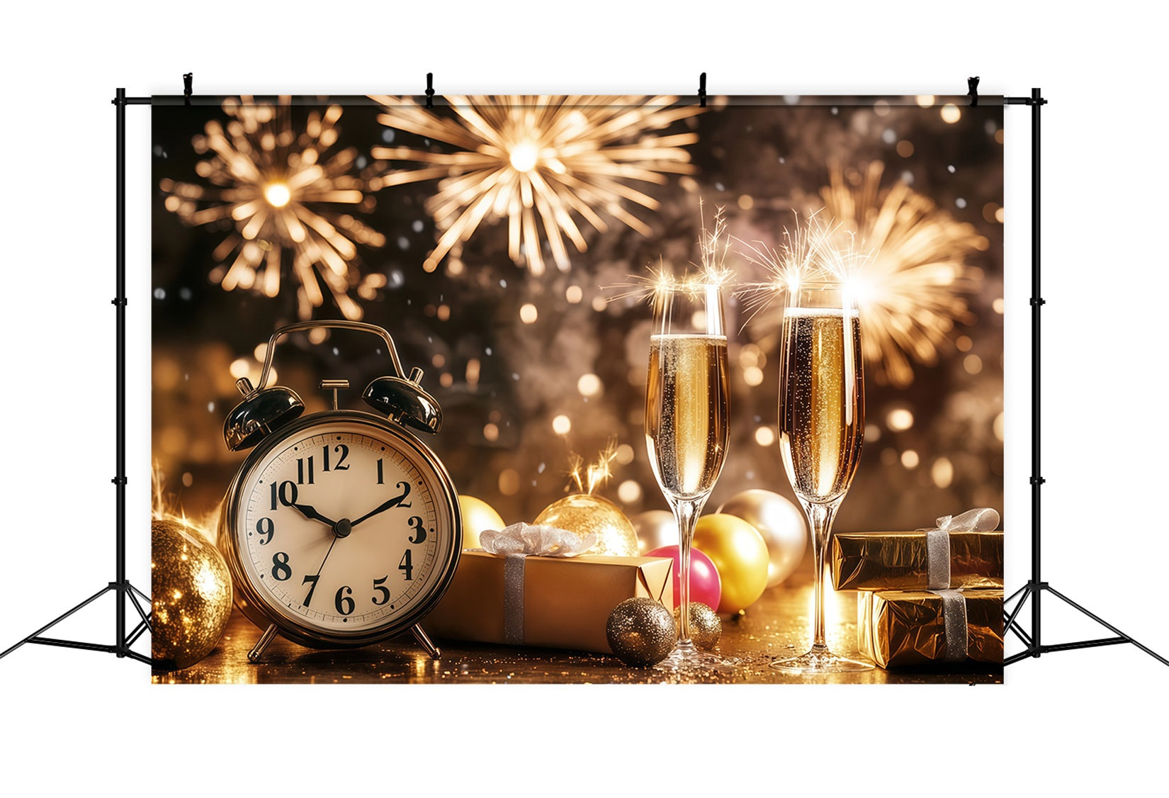 Fonds pour le Nouvel An champagne compte à rebours horloge feux d'artifice paillettes dorées fond LXX512-7
