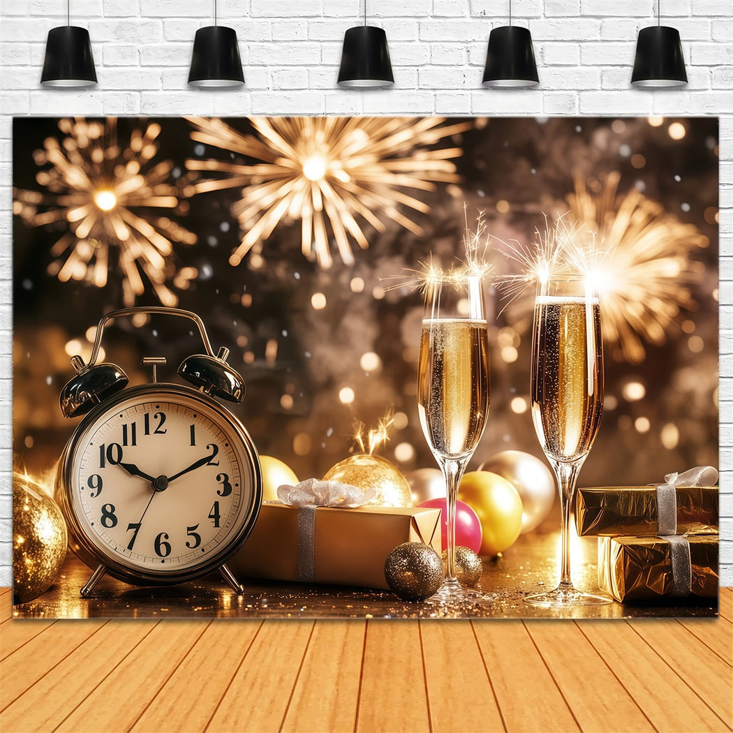 Fonds pour le Nouvel An champagne compte à rebours horloge feux d'artifice paillettes dorées fond LXX512-7