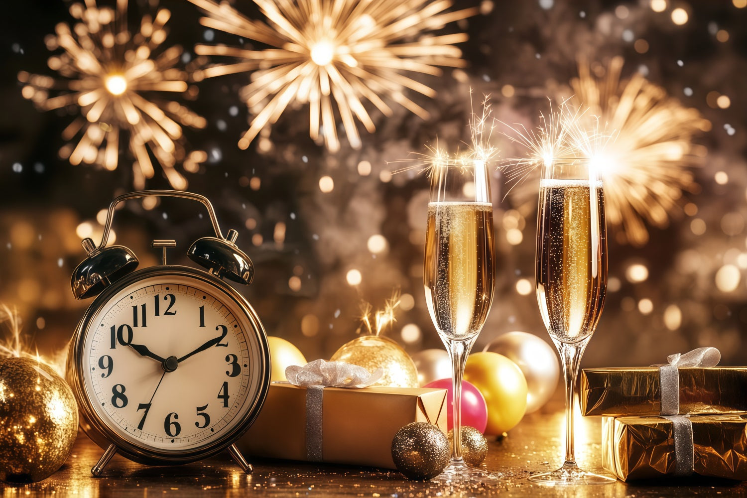 Fonds pour le Nouvel An champagne compte à rebours horloge feux d'artifice paillettes dorées fond LXX512-7